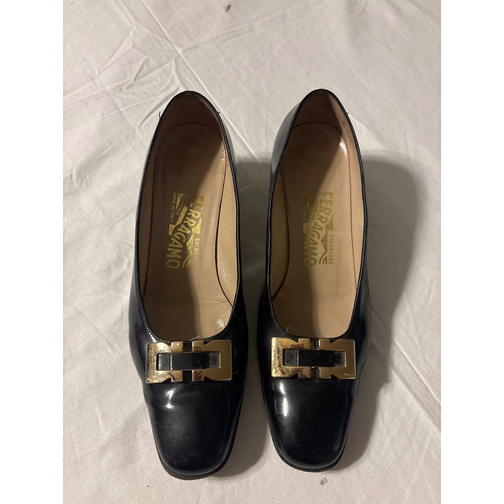 Salvatore Ferragamo Pumps Women 6.5 Black Gold Buckle Block Heel Italy